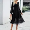 Casual Dresses Summer Elegant Puff Long Sleeve V Neck Dress for Women Solid Colic Elastic High Midist Lady Beachwear Vestido