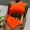 Women's Swimwear Solid Color Orange One Piece Bikini For Women Sexy High Waist Hollow Out Swimsuit Single Shoulder Backless 2024