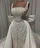 Elegant kvinnor bröllopsklänning fyrkantig hals ärmlösa brudklänningar pärlor båge avtagbar tågklänning skräddarsydd vestidos de novia