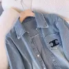 Ny design Kvinnor Turn Down Collar Loose Long Sleeve Embroidery Denim Jeans Blus Shirt S M L XL