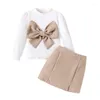 Kläder set flickor Autumn 2 Piece Outfits White Long Sleeve Bow Decor Tops Houndstooth Pencil kjol Set