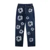 Summer Men's Jean Blue Hombre Trousers Women Flower Print Pants Oversized Streetwear Straight Casual Mens Denim Jeans Designer White