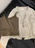 Women's Knits High Quality Outfits 2 Piece Set Lace Bow Camisole Spring Summer Khaki Knitted Cardigan Up Ins Street Clubwear Chic