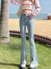 Women's Jeans Baby Blue High Waisted Flare Skinny Pants Split Trousers Y2k Korean Fashion 2024 Vintage Slim Denim Mom