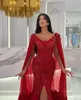 Stunning Red Mermaid Evening Dresses Elegant with Cape V Neck Formal Prom Front Split Sequins Feathers Arabic Dubai Dress Robe De Soiree