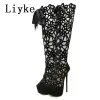 Boots Liyke 16CM Ultra Thin High Heels Sexy Nightclub Hollow Out Over The Knee Boots Women Peep Toe LaceUp Zip Platform Shoes Sandals