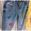 Women's Jeans Luxury European Trendy Handmade Sewing Diamonds Skinny Denim Pants Casual Love Beading Slimming Pantalons