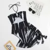 2024 New Digital Printed Womens Sexy One Piece Neck Hanging Triangle Mesh Three Piece Set with Hollow out Swimsuit