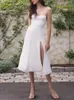 Freizeitkleider Damen Weiß Sexy Sling Langes Kleid Ärmellos Damen Urlaub Eleganter Frontschlitz Mittellang Frühling Sommer