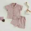 Ensembles de vêtements Mode Enfants Garçons Shorts Ensemble Chemise boutonnée à manches courtes avec taille élastique pour décontracté quotidien 6 mois-4 ans