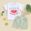 Set di abbigliamento Pantaloncini estivi per bambina, manica corta, lettera, stampa anguria, top, tinta unita