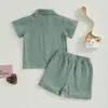 Ensembles de vêtements Mode Enfants Garçons Shorts Ensemble Chemise boutonnée à manches courtes avec taille élastique pour décontracté quotidien 6 mois-4 ans