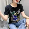 2024 NOWOŚĆ SAM SUMINY KOREBALNE T-shirt Modna Moda Seksowna O-Neck Shining Diamond Letter Women Top T-shirt z krótkim rękawem 240323