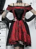 Casual Dresses Red Gothic A Line Party Dress for Women Vintage Off Axel spets Trim Floral Medieval Steampunk Halloween Costume