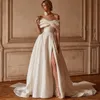 Abiti da sposa in raso avorio lungo vintage con tasche/fessura a pieghe a piena a spalla spazzano con cerniera giradina faceva fiori da sposa per donne