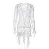 Robes décontractées Blanc Volants Ruban Mini Robe En Dentelle Femmes Sexy Plongeant Col En V À Manches Longues Moulante Fête Clubwear Anniversaire Plage Tenues