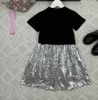 Classics baby clothes kids tracksuits girls dress Summer two-piece set Size 90-150 CM T-shirt and Shiny sequin design skirt 24Mar