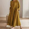 Casual Dresses Cotton Linen Midi klänning med rund halsringning Elegant ren färg mångsidig lång veck en akademisk stil