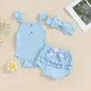 Ensembles de vêtements Born Baby Girl Tenues d'été Couleur unie côtelée sans manches barboteuse body top et short à volants bandeau ensemble 3 pièces