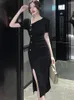 Abiti da festa Estate Nero Manica corta Pieghettato Aderente Abito da ballo Donna Coreano Vintage Hepburn Lungo 2024 Elegante Casual In