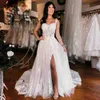 Fulllace Wedding Dress for Bride A-Line Spaghetti Straps Illusion Beaded Sequined Lace Tiered Tulle Sexy High Split Bridal Gowns for Marriage D067