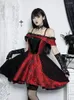 Casual Dresses Red Gothic A Line Party Dress for Women Vintage Off Axel spets Trim Floral Medieval Steampunk Halloween Costume