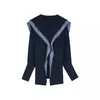 Kvinnors blusar 2024 Spring and Summer Blue High-End Navy Collar French Long-Sleeved Shirt Design Niche Retro Slim Top