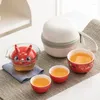 Taupware يضع Dragon Year Tea Tea SE Ceramic Cupot Cup Outdoor Pot ووضع فنجان Teacup المحمول ثلاثة أكواب مع حقيبة