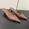 Pantoufles Rétro En Cuir Marron Bout Pointu Mules À Talons Hauts Stiletto Élégant Femmes Chaussures De Vacances D'été Robe Formelle