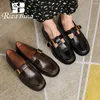 Casual Shoes RIZABINA Genuine Leather Women Loafers Retro T-strap Round Toe Low Heel Flat Female Buckle Design Leisure Size 34-40