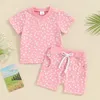 Kleidungssets Kleinkind Baby Mädchen Sommerkleidung Blumendruck Outfit Kurzarm T-Shirt Tops und Stretch Jogger Shorts Set