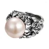 Cluster Rings S925 Sterling Silver Charms For Women Fashion Contrast Colored Hollow Leaves Round Pearl Punk Jewelry