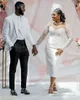 2024 Abito da sposa corto africano per la sposa Abiti da sposa Illusion collo alto maniche lunghe in rilievo Perle Abito da sposa in raso di pizzo per la Nigeria Donne nere Ragazze D171