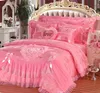 Koreansk stil prinsessor bröllop sängkläder set lyx rosa hjärtspets jacquard satin täcke täcker sängöverdrag lakan kuddar 240318