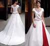 Vintage White And Red Wedding Dress 2022 Lace Embroidery Buttons Cap Short Sleeve A Line Stain Bridal Gowns Court Train Country Chapel Bride Dresses Vestidos De Novia