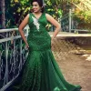 Arabic Green Evening Dresses Plus Size Mermaid Lace Beaded Crystal Prom Dress V Neck Backless Long Formal Party Pageant Gowns