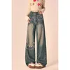 Women's Jeans American Vintage Y2K Low Rise Flare Woman Streetwear Aesthetic Cartoon Embroidery Jean Pants Washed Denim Trouser