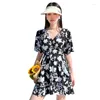 Women's Swimwear Korean Plus Size One Piece Swimsuit Women Skirt Floral Print Short Sleeved V-neck Beach Spring Suit Summer