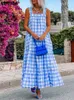 Casual Jurken VONDA Bohemian Ruches Gedrukt Zonnejurk 2024 Zomer Plaid Maxi Jurk Vrouwen Sexy Spaghettibandjes Strand Losse Lange Vestido