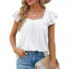 Women's T-Shirt Retro square neckline double-layer petal sleeve top for womens unique short sleeved summer casual T-shirt 240322