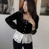 Kadın bluzları kimyasal femme femme kore şık bahar kare kontrast üst vintage dantel gömlek patchwork bluz blusas mujer siyah kadife