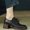 Модельные туфли Kanseet, женские туфли-лодочки из натуральной кожи, осень 2024, круглый носок, толстый высокий каблук, повседневная женская обувь ручной работы, коричневый 40
