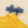 Ensembles de vêtements pour bébés filles, 3 pièces, barboteuse à manches longues, uni, côtelé, bretelles, nœud, pantalon triangulaire, bandeau