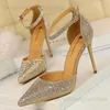 Sandales Maogu dames chaussures femmes pompes Stiletto doux chaussure de mariage 2023 luxe femme sandales 10cm brillant strass Sexy talons hauts or T240323