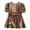 Baby Girl Princess Abito vintage Golden Pink Infantile Bambino Kid Bow Vestido Costume Festa di compleanno Abiti da ballo 110Y 240318