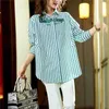 T-shirt da donna Maglietta semplice da donna con lettera a righe ricamata Moda coreana a maniche lunghe di media lunghezza top irregolare e sciolto abbigliamento da strada 240322