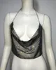 Women's Tanks Ladies Hollow Out Open Back Mesh Crop Top Outfit 2024 Black Glitter Rhinestone Fishnet