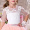 Girl Dresses Pink Tulle Appliques Flower Belt With Short Sleeves For Wedding Kids Birthday Gift Party First Communion Gown