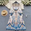 Sukienki swobodne moda kwiat wakacyjny długa sukienka damska golf latarnia rękaw z pojedynczy piersi retro paisley print maxi imprezy vestidos