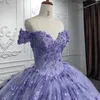 Lila glitter tyll prinsessan quinceanera klänningar från axel applique spets blommig snörning prom vestido de 15 verde